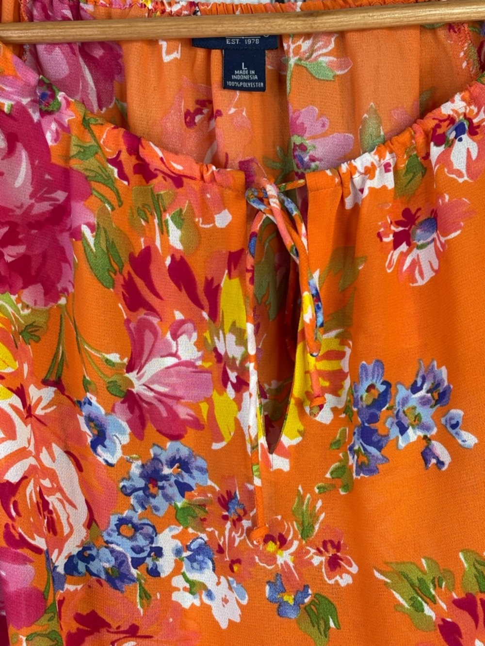 CHAPS Women’s Large Orange Floral Print Blouse Tie‎ Neck Woven Fabric Small Flaw - Picture 6 of 16